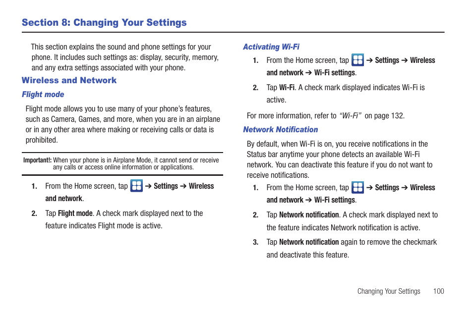 Section 8: changing your settings, Wireless and network | Samsung SGH-I997ZKAATT User Manual | Page 105 / 205