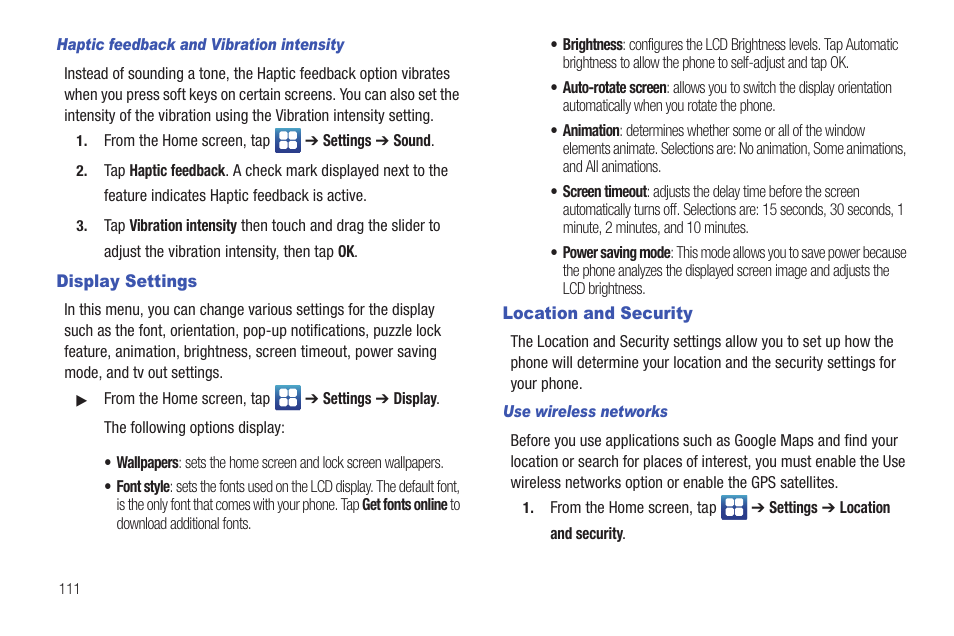 Display settings, Location and security, Display settings location and security | Samsung SGH-I997ZKAATT User Manual | Page 116 / 205