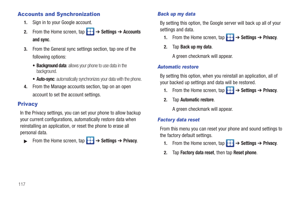 Accounts and synchronization, Privacy, Accounts and synchronization privacy | Samsung SGH-I997ZKAATT User Manual | Page 122 / 205