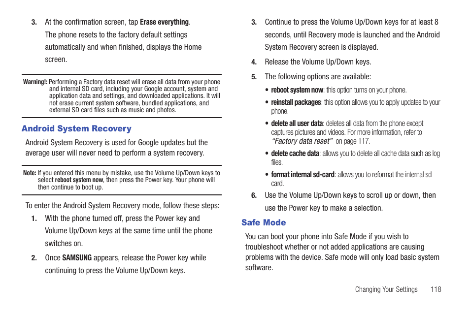 Android system recovery, Safe mode, Android system recovery safe mode | Samsung SGH-I997ZKAATT User Manual | Page 123 / 205
