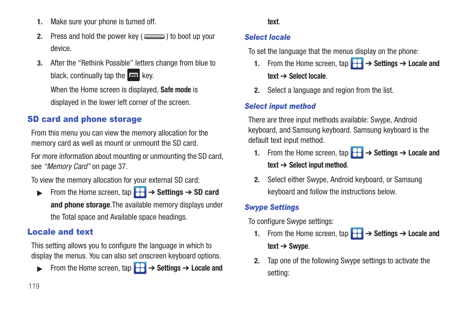 Sd card and phone storage, Locale and text, Sd card and phone storage locale and text | Samsung SGH-I997ZKAATT User Manual | Page 124 / 205