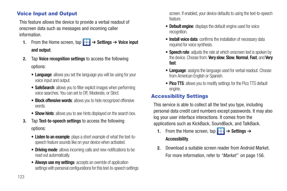 Voice input and output, Accessibility settings, Voice input and output accessibility settings | Samsung SGH-I997ZKAATT User Manual | Page 128 / 205