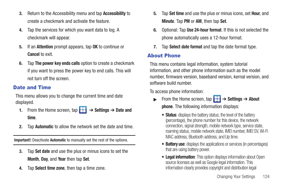 Date and time, About phone, Date and time about phone | Samsung SGH-I997ZKAATT User Manual | Page 129 / 205