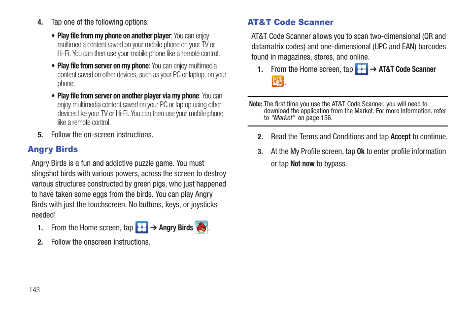 Angry birds, At&t code scanner, Angry birds at&t code scanner | Samsung SGH-I997ZKAATT User Manual | Page 148 / 205