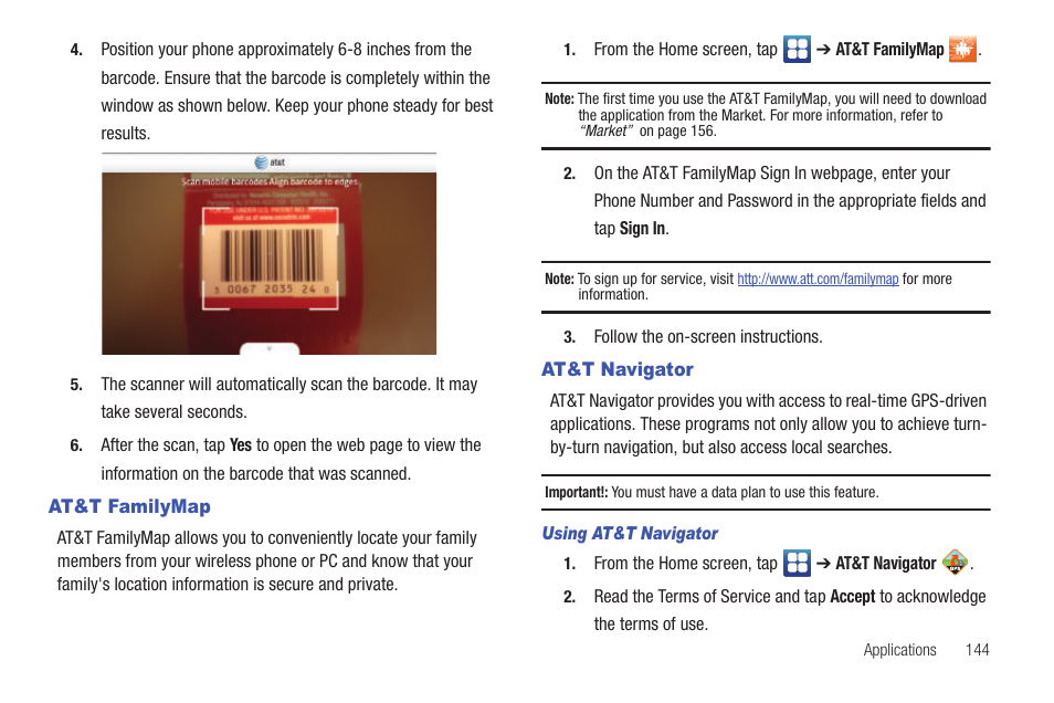 At&t familymap, At&t navigator, At&t familymap at&t navigator | Samsung SGH-I997ZKAATT User Manual | Page 149 / 205