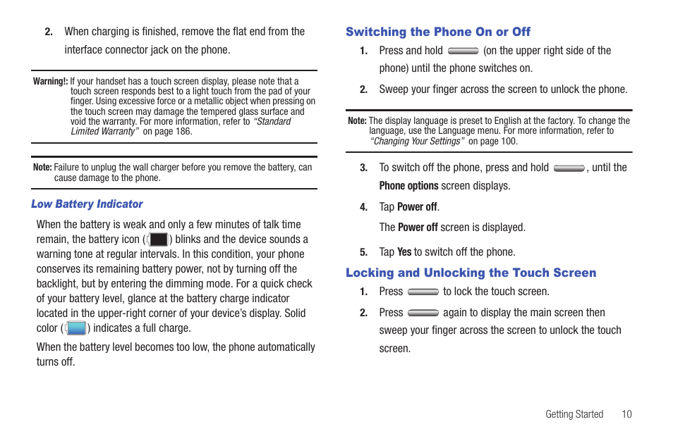 Switching the phone on or off, Locking and unlocking the touch screen | Samsung SGH-I997ZKAATT User Manual | Page 15 / 205