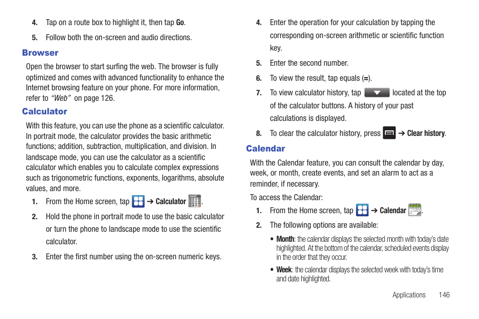 Browser, Calculator, Calendar | Browser calculator calendar | Samsung SGH-I997ZKAATT User Manual | Page 151 / 205