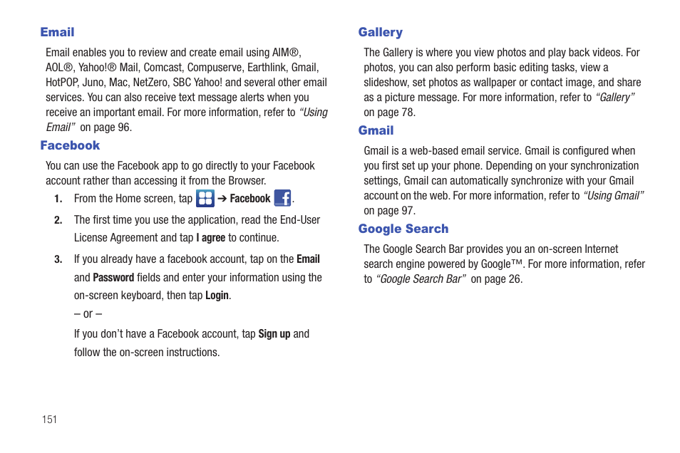 Email, Facebook, Gallery | Gmail, Google search, Email facebook gallery gmail google search | Samsung SGH-I997ZKAATT User Manual | Page 156 / 205