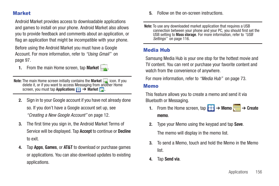 Market, Media hub, Memo | Market media hub memo | Samsung SGH-I997ZKAATT User Manual | Page 161 / 205