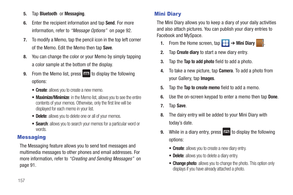 Messaging, Mini diary, Messaging mini diary | Samsung SGH-I997ZKAATT User Manual | Page 162 / 205