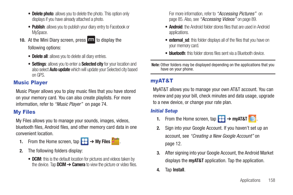 Music player, My files, Myat&t | My files myat&t | Samsung SGH-I997ZKAATT User Manual | Page 163 / 205
