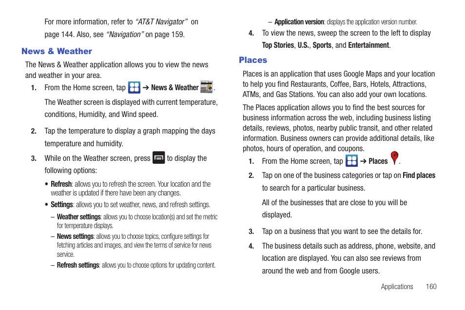 News & weather, Places, News & weather places | Samsung SGH-I997ZKAATT User Manual | Page 165 / 205