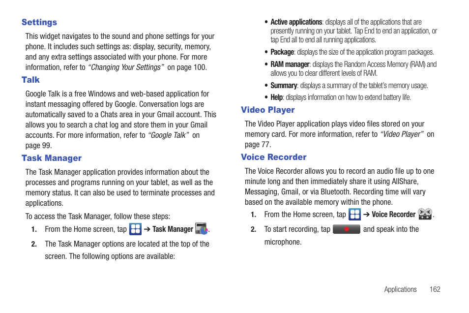 Settings, Talk, Task manager | Video player, Voice recorder | Samsung SGH-I997ZKAATT User Manual | Page 167 / 205