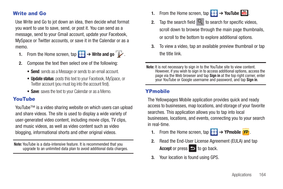 Write and go, Youtube, Ypmobile | Write and go youtube ypmobile | Samsung SGH-I997ZKAATT User Manual | Page 169 / 205