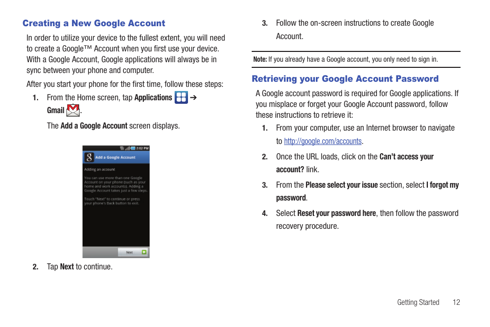 Creating a new google account, Retrieving your google account password, T. for more | Samsung SGH-I997ZKAATT User Manual | Page 17 / 205