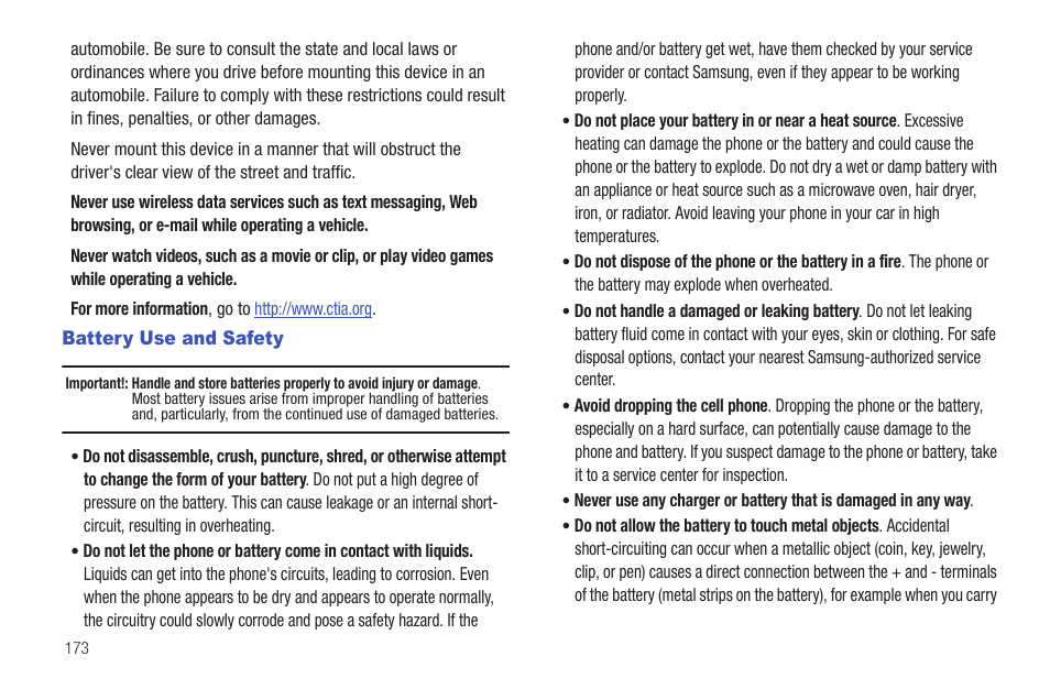 Battery use and safety | Samsung SGH-I997ZKAATT User Manual | Page 178 / 205