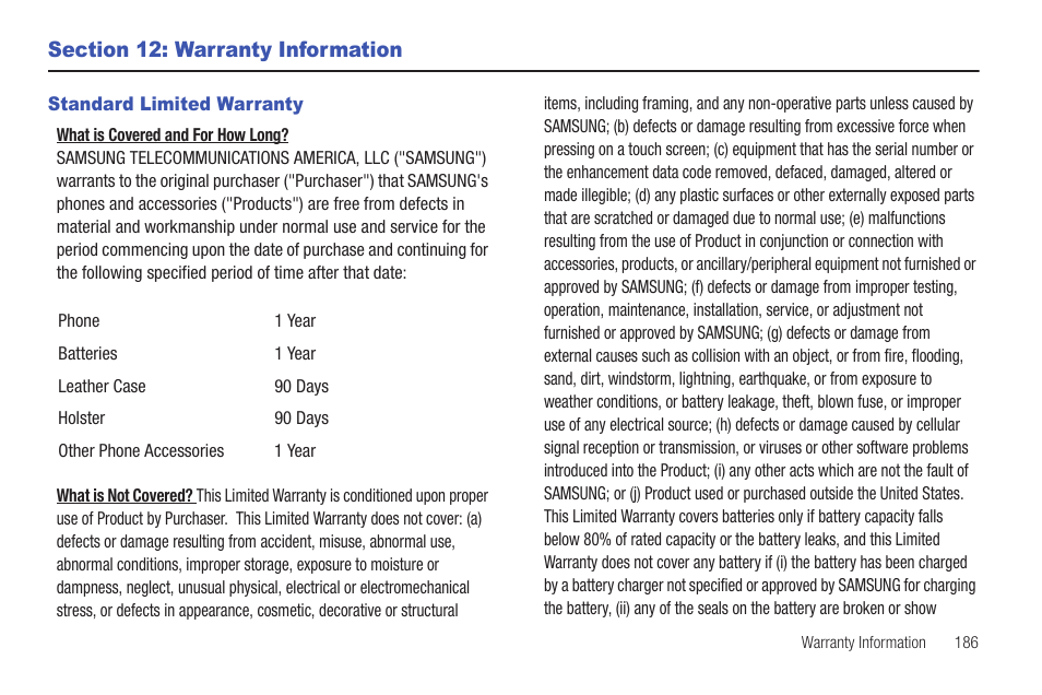 Section 12: warranty information, Standard limited warranty | Samsung SGH-I997ZKAATT User Manual | Page 191 / 205