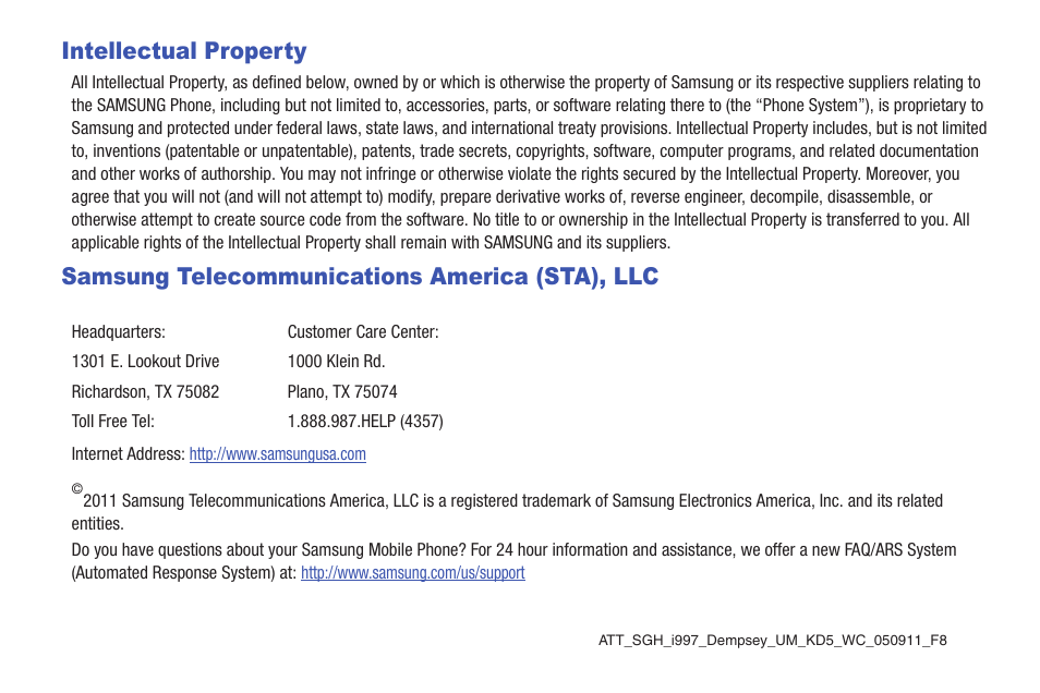 Intellectual property, Samsung telecommunications america (sta), llc | Samsung SGH-I997ZKAATT User Manual | Page 2 / 205