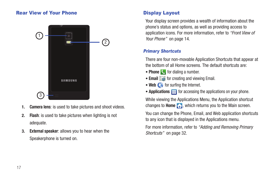 Rear view of your phone, Display layout, Rear view of your phone display layout | Samsung SGH-I997ZKAATT User Manual | Page 22 / 205