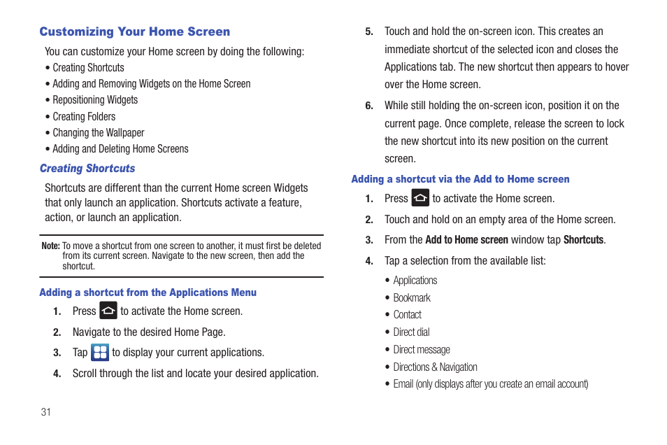 Customizing your home screen | Samsung SGH-I997ZKAATT User Manual | Page 36 / 205
