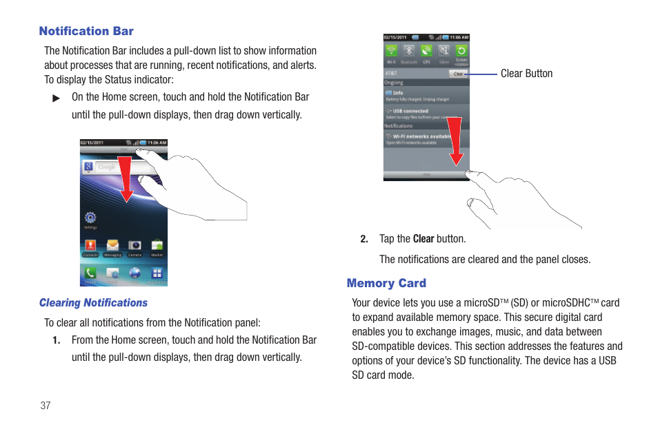 Notification bar, Memory card, Notification bar memory card | Samsung SGH-I997ZKAATT User Manual | Page 42 / 205