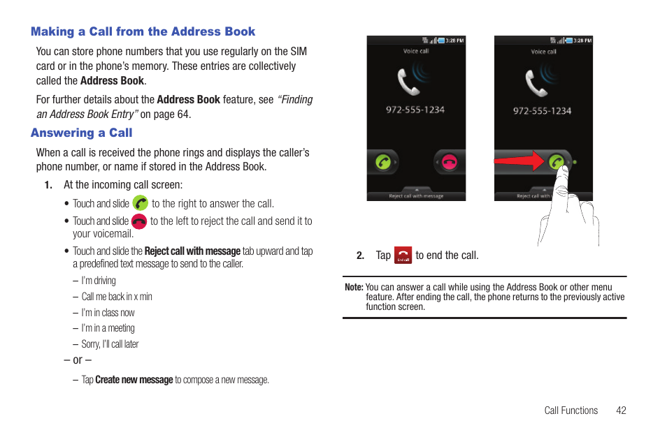 Making a call from the address book, Answering a call | Samsung SGH-I997ZKAATT User Manual | Page 47 / 205