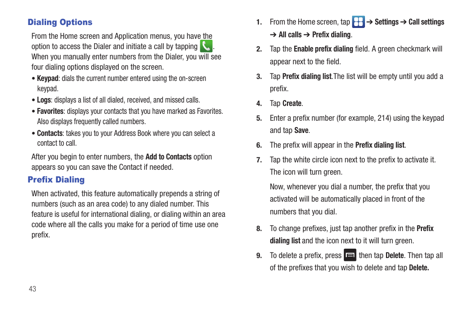 Dialing options, Prefix dialing, Dialing options prefix dialing | Samsung SGH-I997ZKAATT User Manual | Page 48 / 205