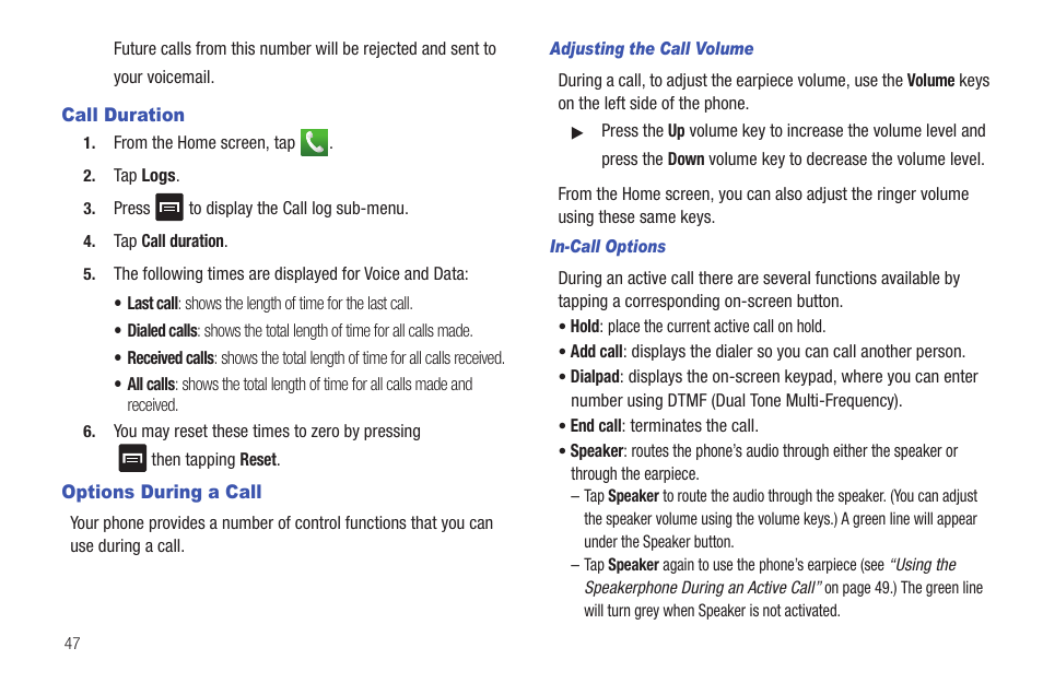 Call duration, Options during a call, Call duration options during a call | Samsung SGH-I997ZKAATT User Manual | Page 52 / 205