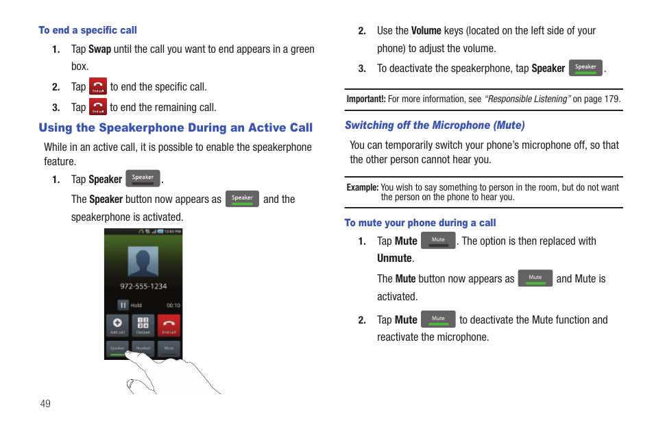 Using the speakerphone during an active call | Samsung SGH-I997ZKAATT User Manual | Page 54 / 205