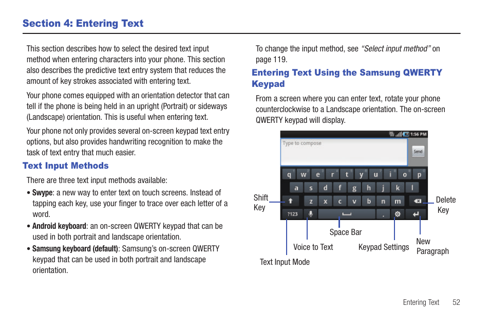 Section 4: entering text, Text input methods, Entering text using the samsung qwerty keypad | Samsung SGH-I997ZKAATT User Manual | Page 57 / 205