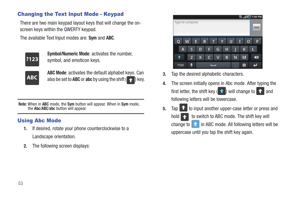 Changing the text input mode - keypad, Using abc mode | Samsung SGH-I997ZKAATT User Manual | Page 58 / 205