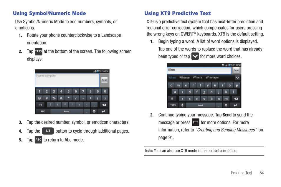 Using symbol/numeric mode, Using xt9 predictive text | Samsung SGH-I997ZKAATT User Manual | Page 59 / 205