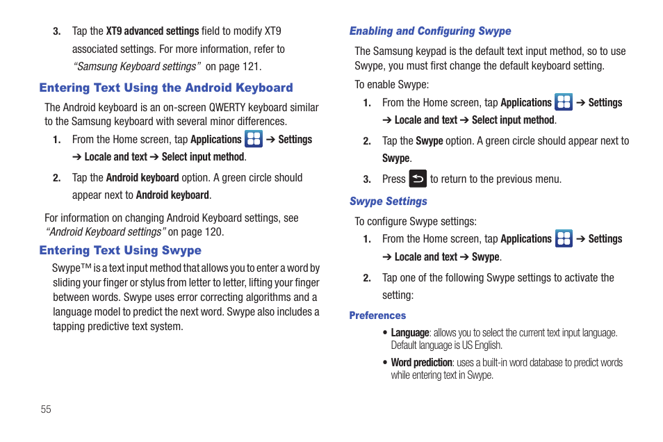 Entering text using the android keyboard, Entering text using swype | Samsung SGH-I997ZKAATT User Manual | Page 60 / 205
