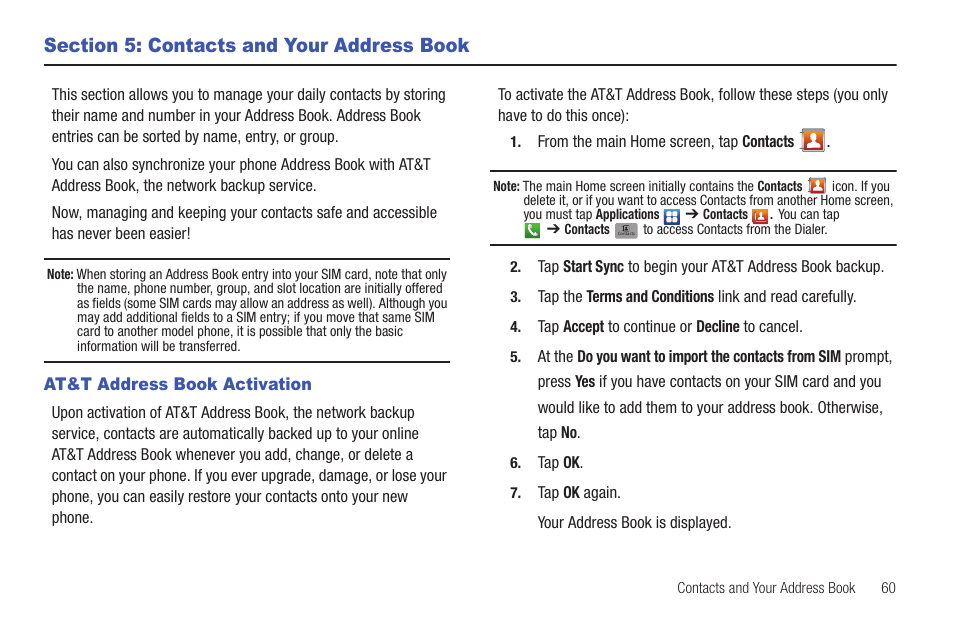 Section 5: contacts and your address book, At&t address book activation | Samsung SGH-I997ZKAATT User Manual | Page 65 / 205