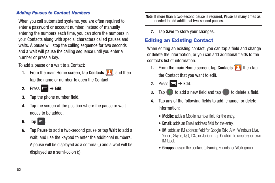 Editing an existing contact | Samsung SGH-I997ZKAATT User Manual | Page 68 / 205