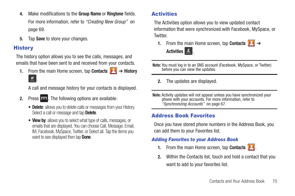 History, Activities, Address book favorites | History activities address book favorites | Samsung SGH-I997ZKAATT User Manual | Page 75 / 205