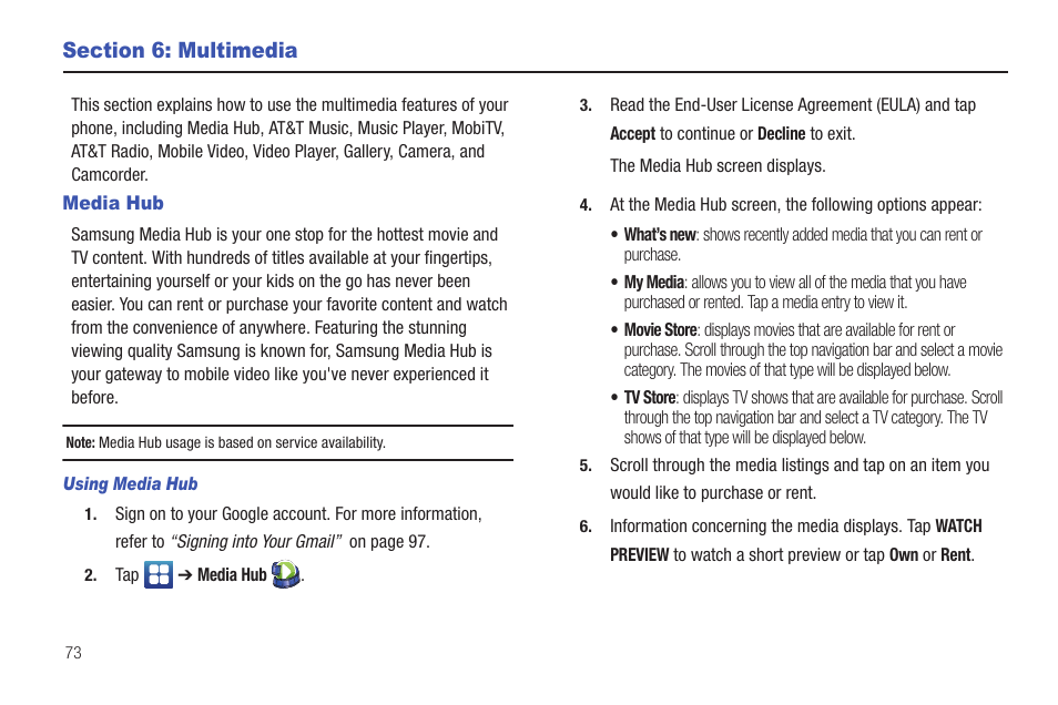 Section 6: multimedia, Media hub | Samsung SGH-I997ZKAATT User Manual | Page 78 / 205