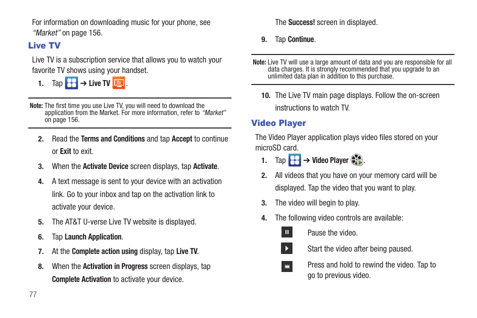 Live tv, Video player, Live tv video player | Samsung SGH-I997ZKAATT User Manual | Page 82 / 205