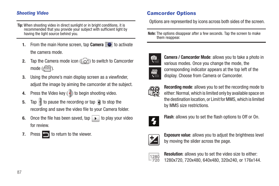 Camcorder options | Samsung SGH-I997ZKAATT User Manual | Page 92 / 205