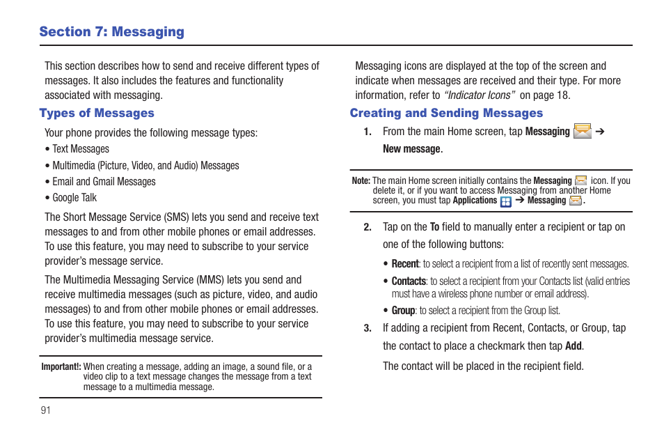 Section 7: messaging, Types of messages, Creating and sending messages | Types of messages creating and sending messages | Samsung SGH-I997ZKAATT User Manual | Page 96 / 205