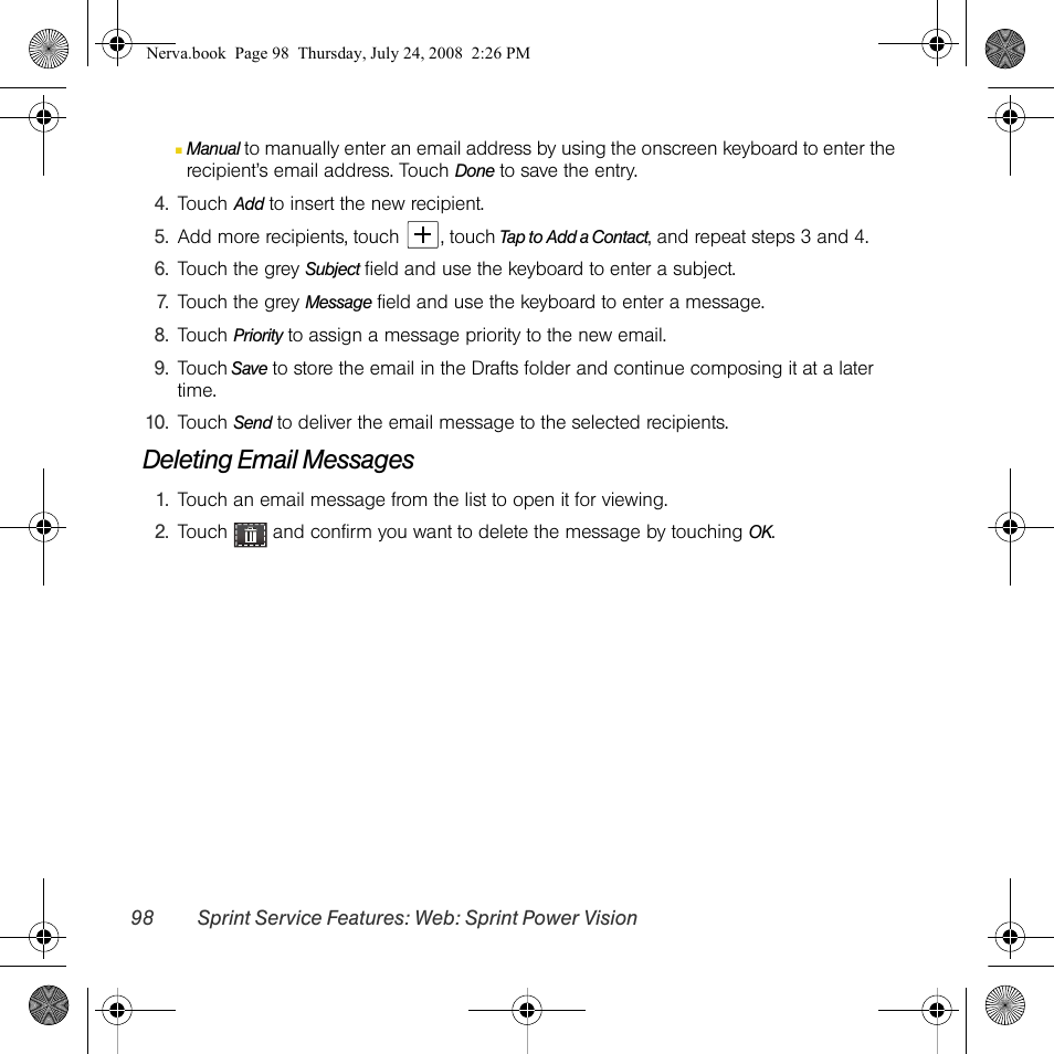 Deleting email messages | Samsung SPH-M800PRBSPR User Manual | Page 101 / 125