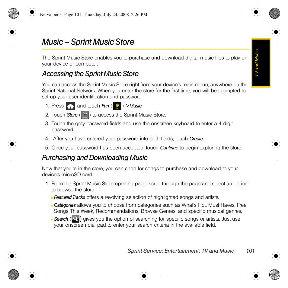 Music – sprint music store, Accessing the sprint music store, Purchasing and downloading music | Samsung SPH-M800PRBSPR User Manual | Page 104 / 125