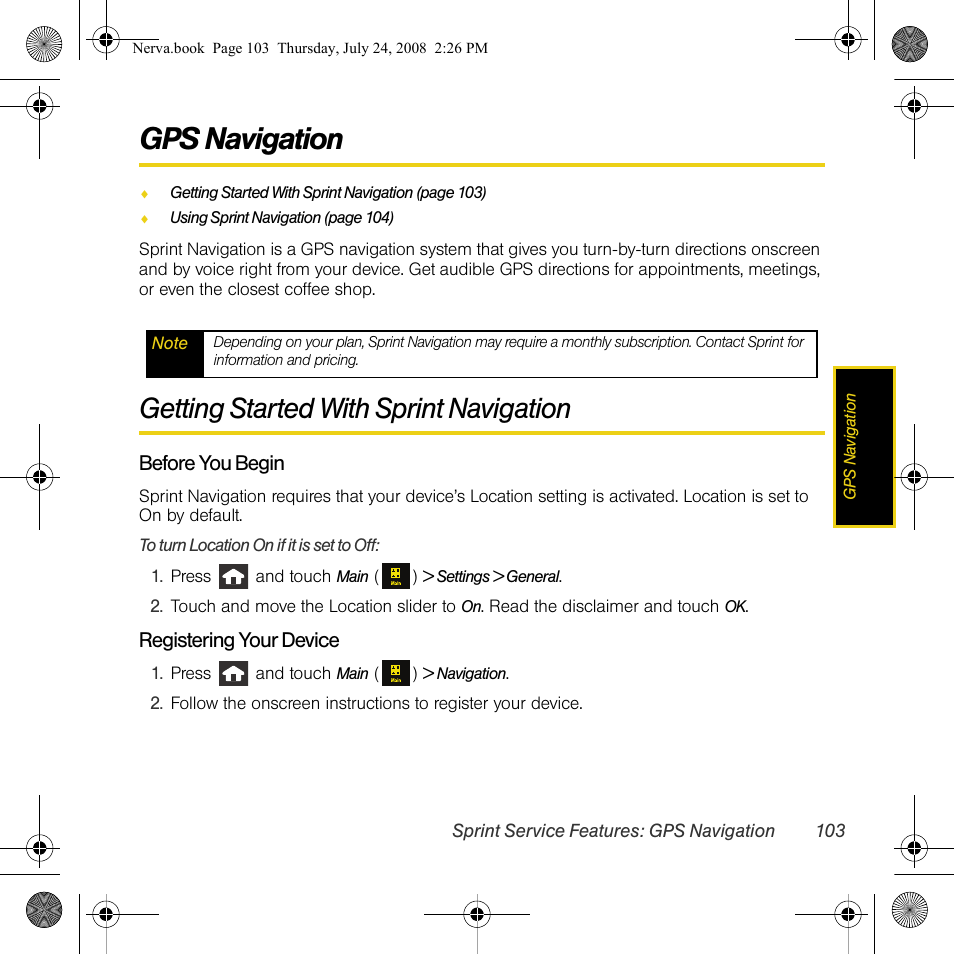 Gps navigation, Getting started with sprint navigation | Samsung SPH-M800PRBSPR User Manual | Page 106 / 125