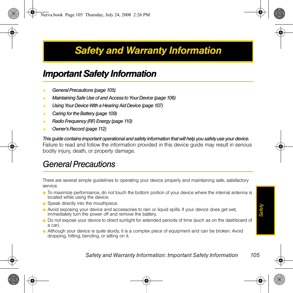 Safety and warranty information, Important safety information, General precautions | Samsung SPH-M800PRBSPR User Manual | Page 108 / 125