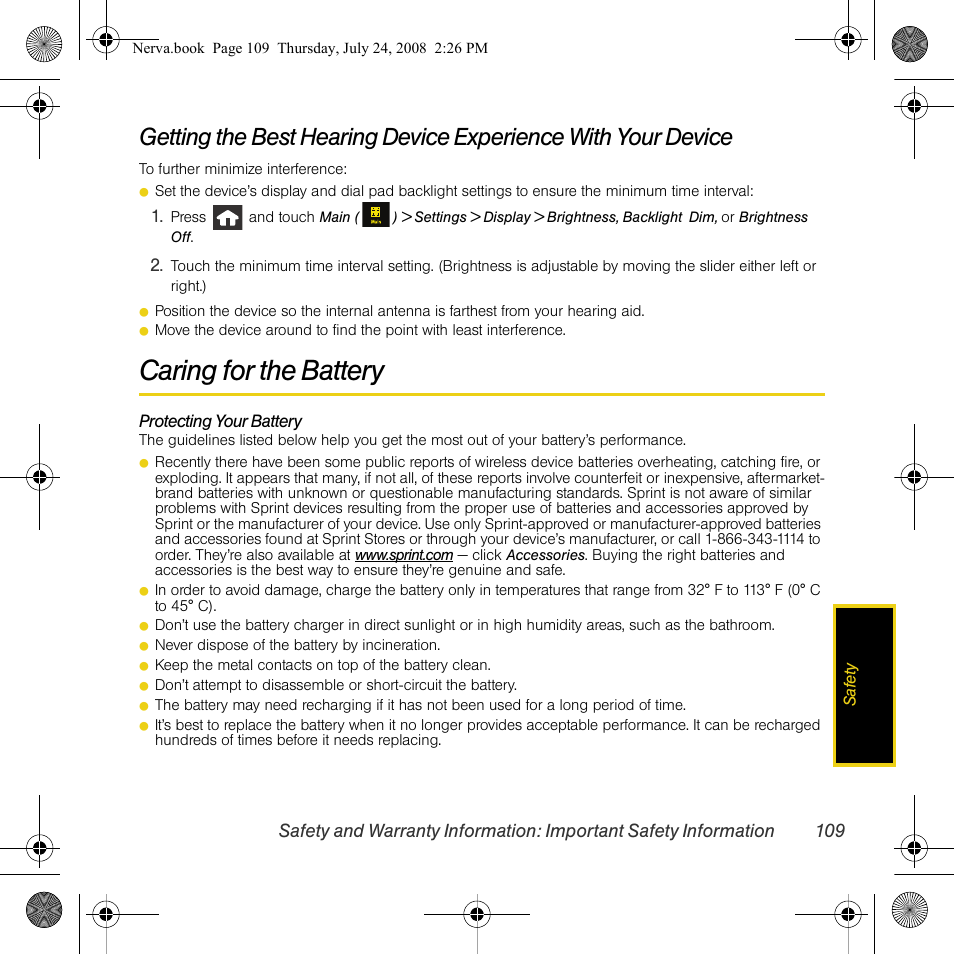 Caring for the battery | Samsung SPH-M800PRBSPR User Manual | Page 112 / 125