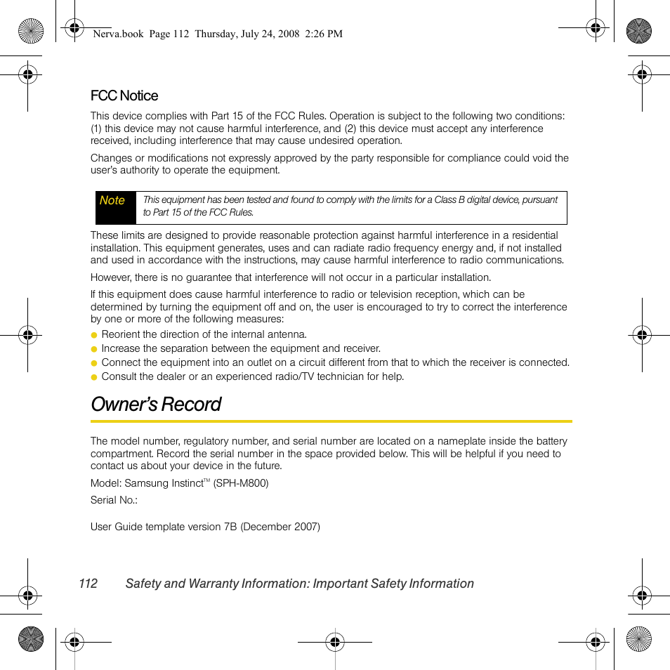 Owner’s record, Fcc notice | Samsung SPH-M800PRBSPR User Manual | Page 115 / 125