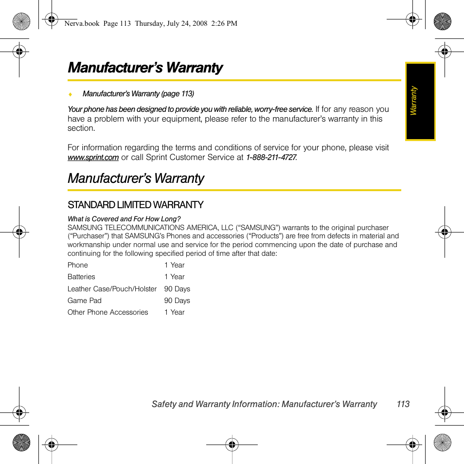 Manufacturer’s warranty | Samsung SPH-M800PRBSPR User Manual | Page 116 / 125