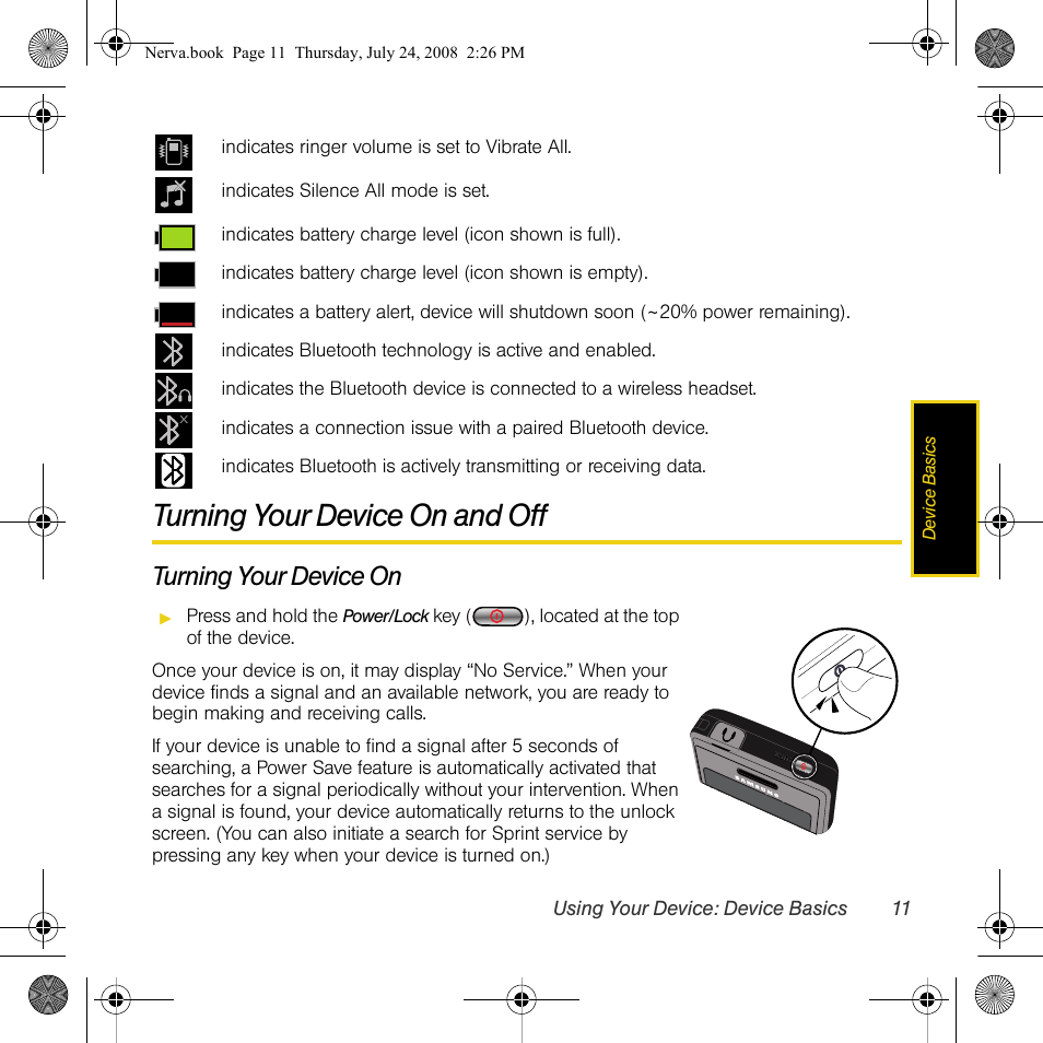 Turning your device on and off, Turning your device on | Samsung SPH-M800PRBSPR User Manual | Page 14 / 125