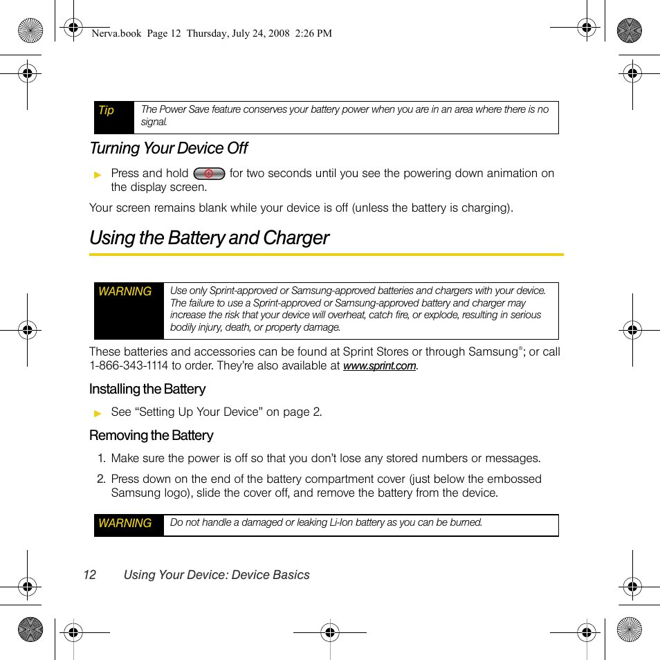 Using the battery and charger, Turning your device off | Samsung SPH-M800PRBSPR User Manual | Page 15 / 125