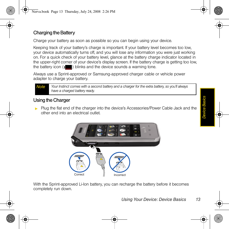 Charging the battery, Using the charger | Samsung SPH-M800PRBSPR User Manual | Page 16 / 125